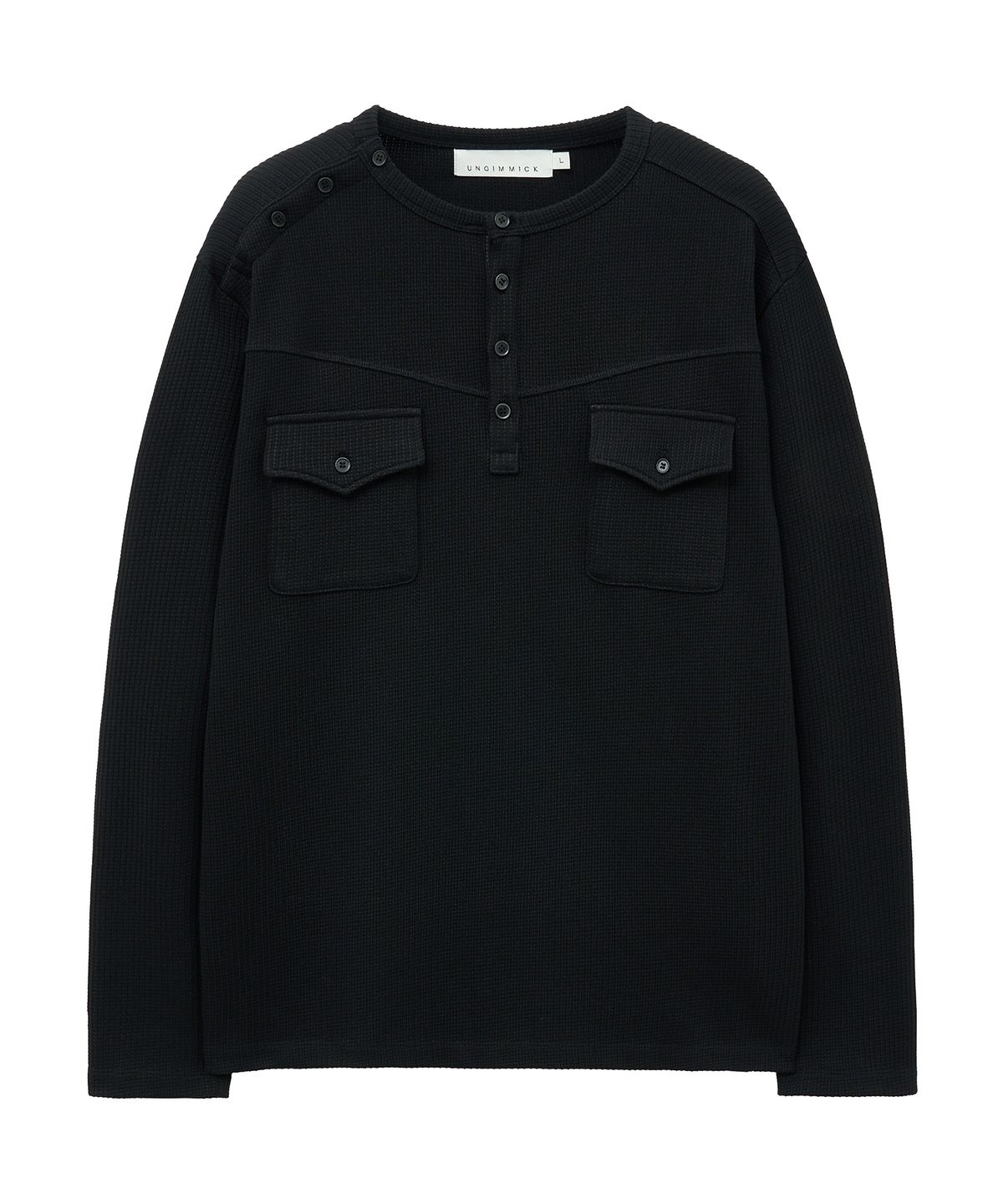 언지미크(UNGIMMICK) WAFFLE HENLEY NECK T-SHIRT (BLACK)