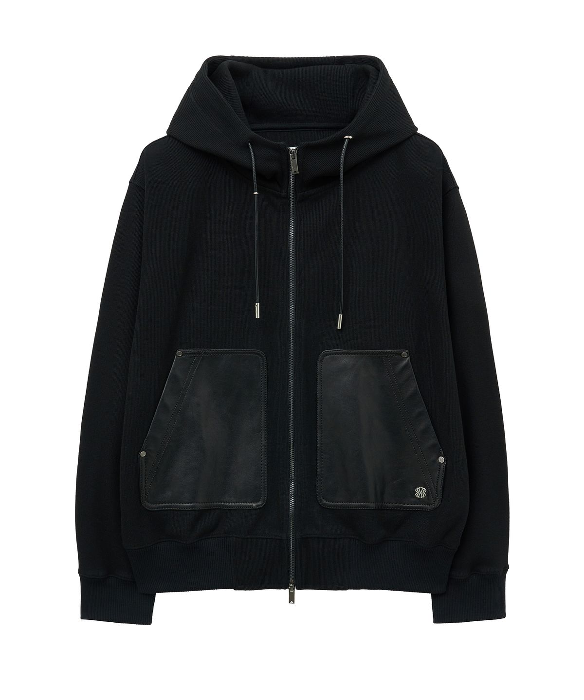 언지미크(UNGIMMICK) LEATHER POCKET MILANO HOODED ZIP-UP (BLACK)