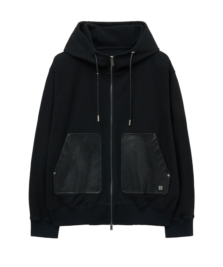 LEATHER POCKET MILANO HOODED ZIP-UP (BLACK)