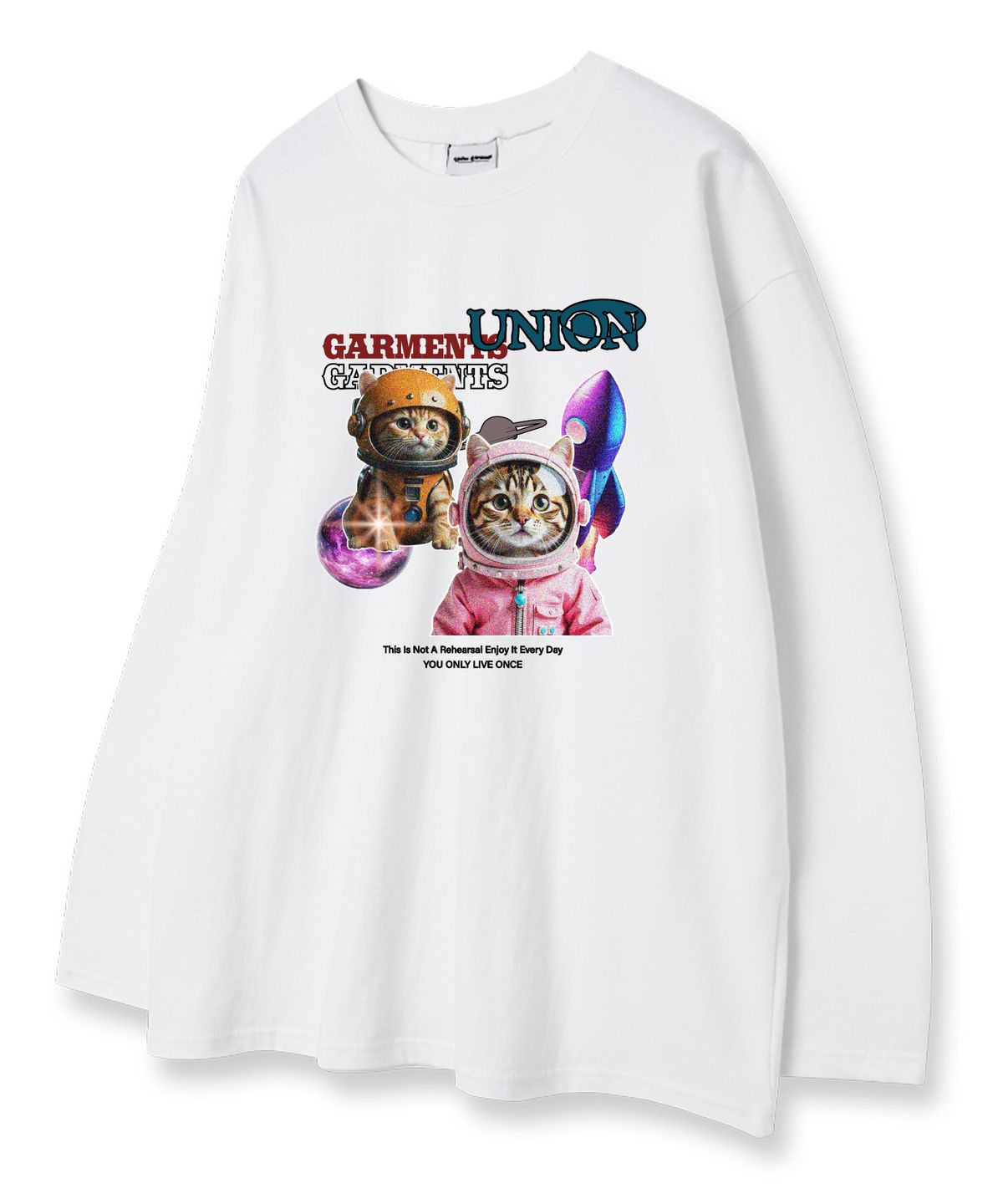 유니온가먼츠(UNION GARMENTS) 스페이스캣 루즈핏 긴팔 티셔츠 화이트 [베이직or시보리]