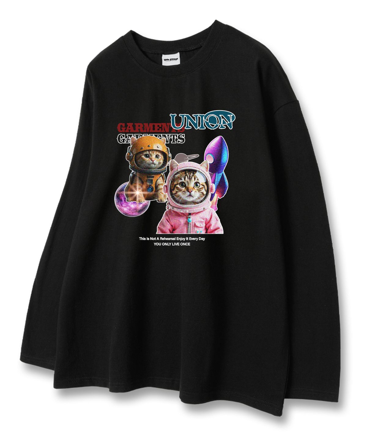 유니온가먼츠(UNION GARMENTS) 스페이스캣 루즈핏 긴팔 티셔츠 블랙 [베이직or시보리]