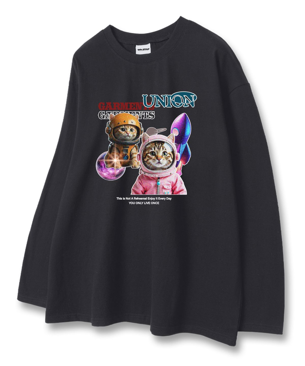 유니온가먼츠(UNION GARMENTS) 스페이스캣 루즈핏 긴팔 티셔츠 다크그레이 [베이직or시보리]