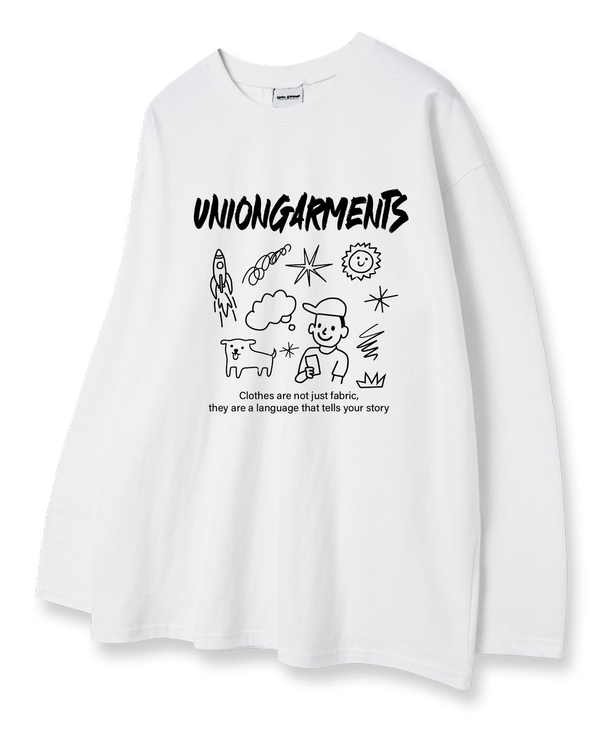 유니온가먼츠(UNION GARMENTS) 캡보이스케치 루즈핏 긴팔 티셔츠 화이트 [베이직or시보리]