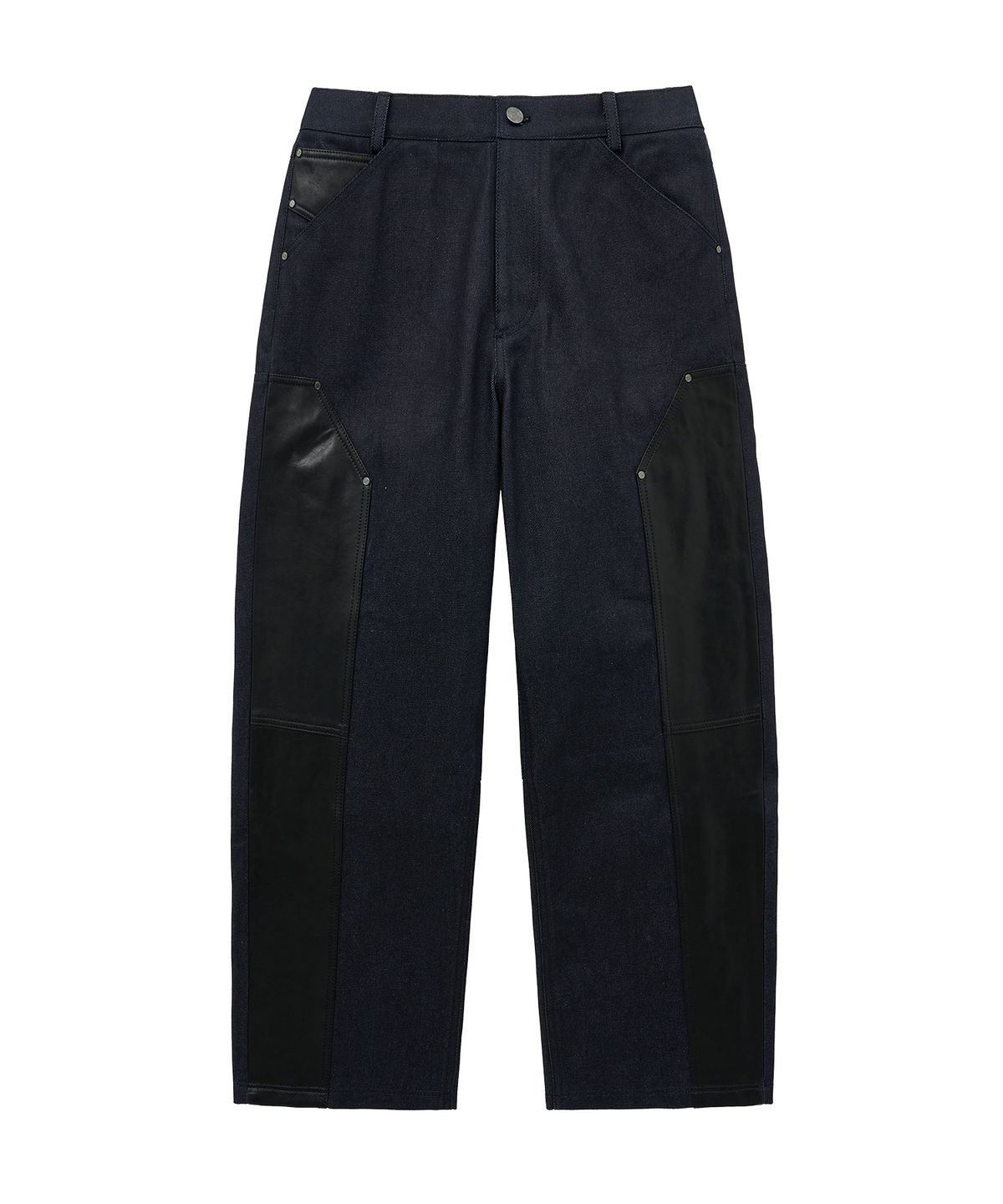 언지미크(UNGIMMICK) LEATHER MIX DENIM PANTS (DARK NAVY)