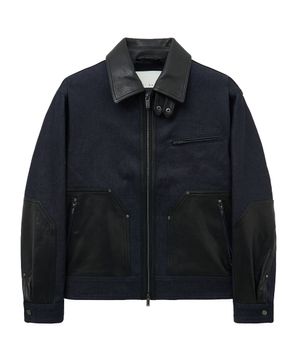 LEATHER MIX DENIM JACKET (DARK NAVY)