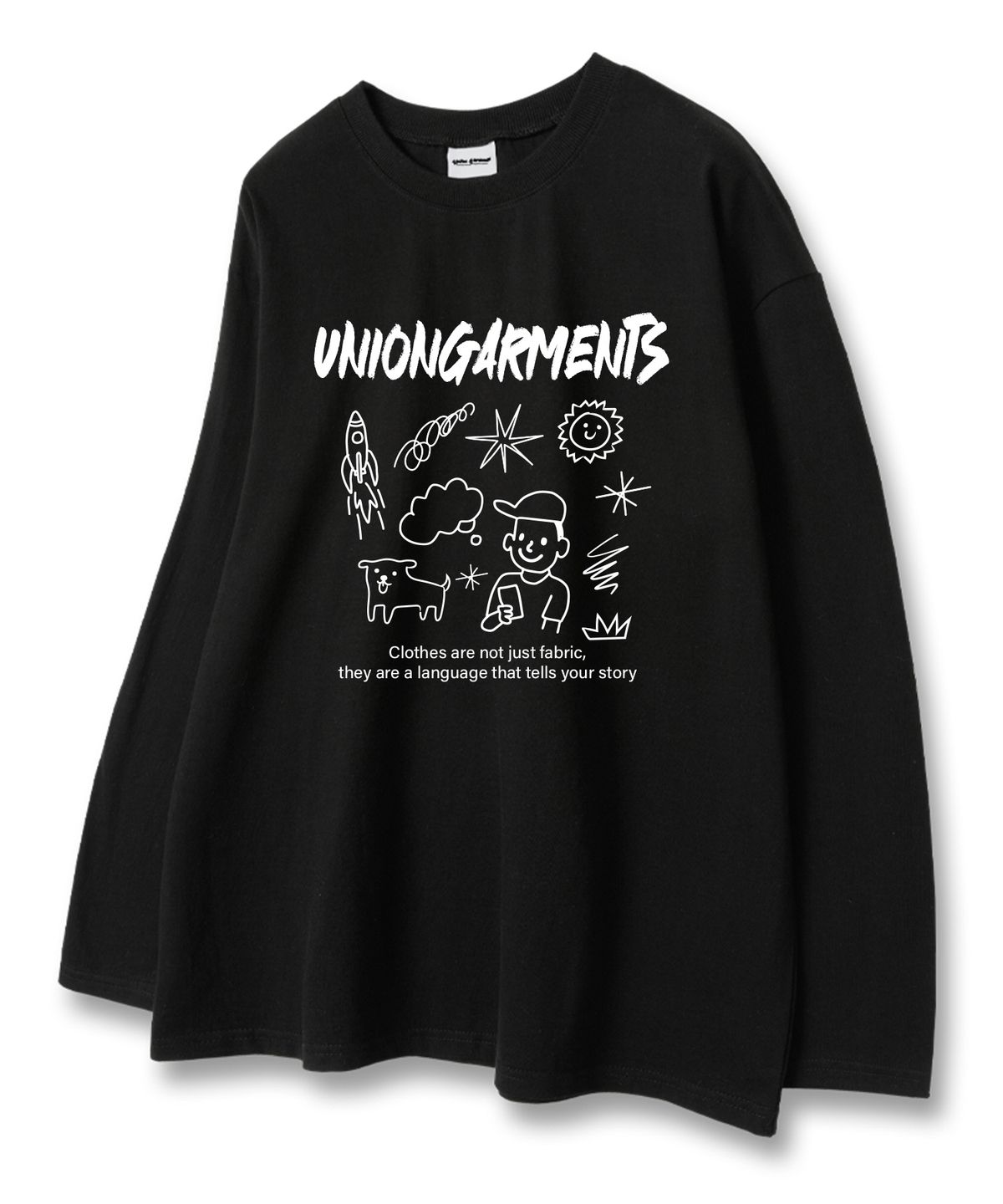 유니온가먼츠(UNION GARMENTS) 캡보이스케치 루즈핏 긴팔 티셔츠 블랙 [베이직or시보리]