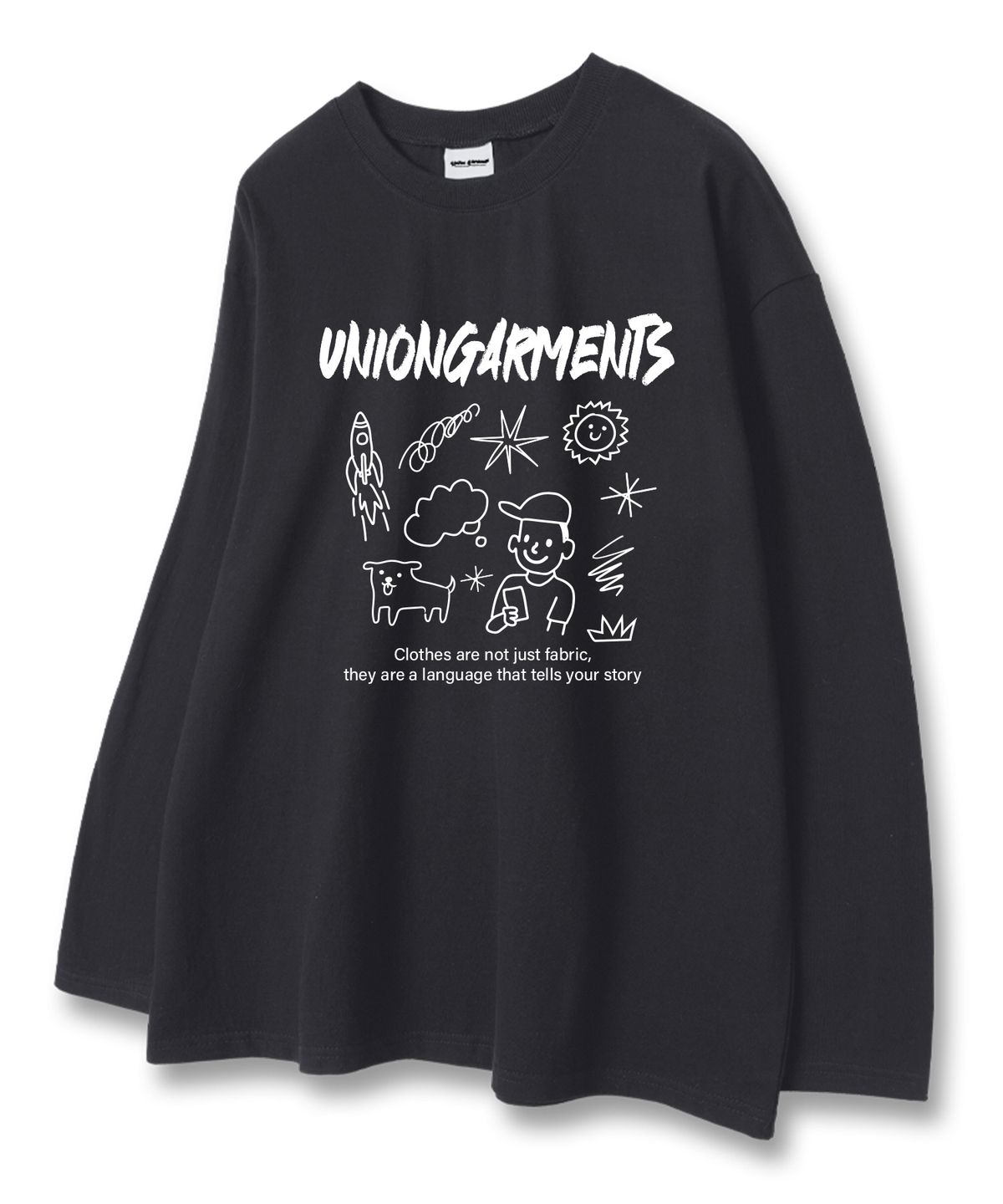유니온가먼츠(UNION GARMENTS) 캡보이스케치 루즈핏 긴팔 티셔츠 다크그레이 [베이직or시보리]