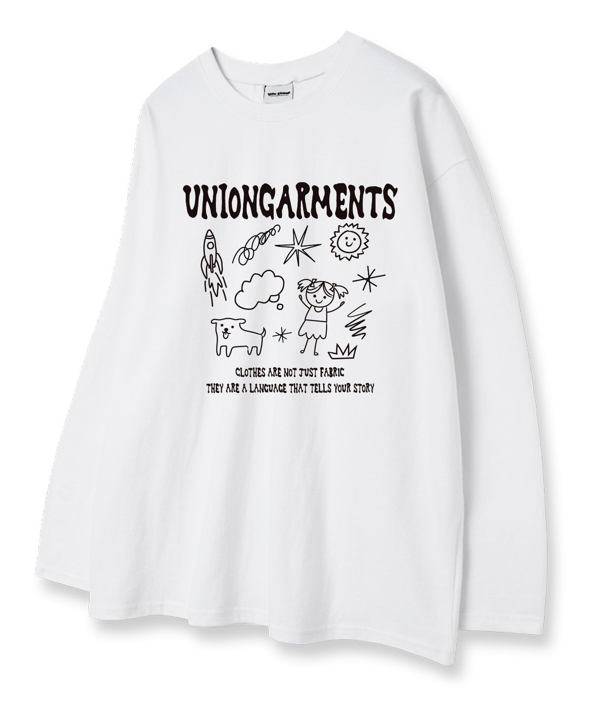 유니온가먼츠(UNION GARMENTS) 큐티걸스케치 루즈핏 긴팔 티셔츠 화이트 [베이직or시보리]