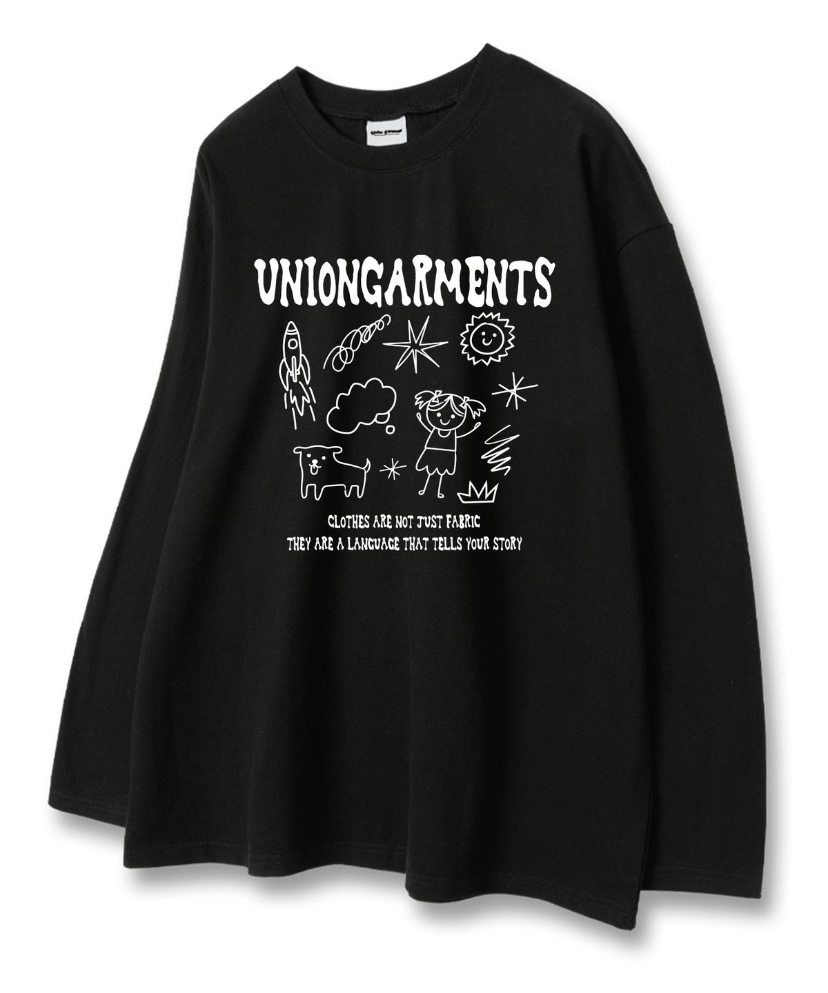유니온가먼츠(UNION GARMENTS) 큐티걸스케치 루즈핏 긴팔 티셔츠 블랙 [베이직or시보리]