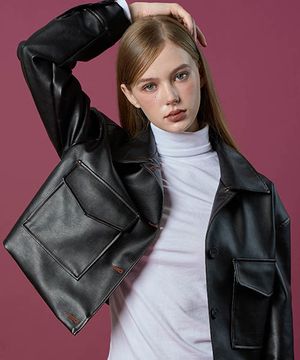 WOMEN 빈티지 스티치 크롭 트럭커 점퍼 가죽 자켓 [BLACK]