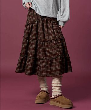 도톰 체크 레이스 미디 플레어 롱스커트 [Wine_red] 가을 겨울 ver.