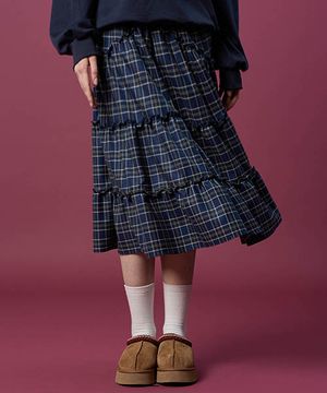도톰 체크 레이스 미디 플레어 롱스커트 [Navy_blue] 가을 겨울 ver.