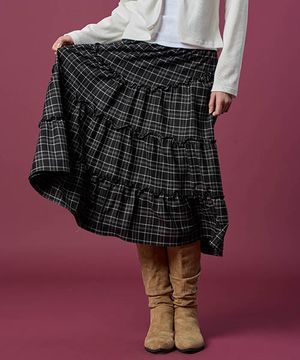 도톰 체크 레이스 미디 플레어 롱스커트 [BLACK] 가을 겨울 ver.