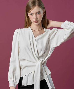 WOMEN 미디 크롭 랩 허리 스트랩 슬림 긴팔 셔츠 [WHITE] 블라우스 ver.