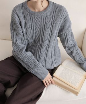 라운드넥 볼륨 꽈배기 루즈핏 긴팔 니트 티셔츠 4COLOR