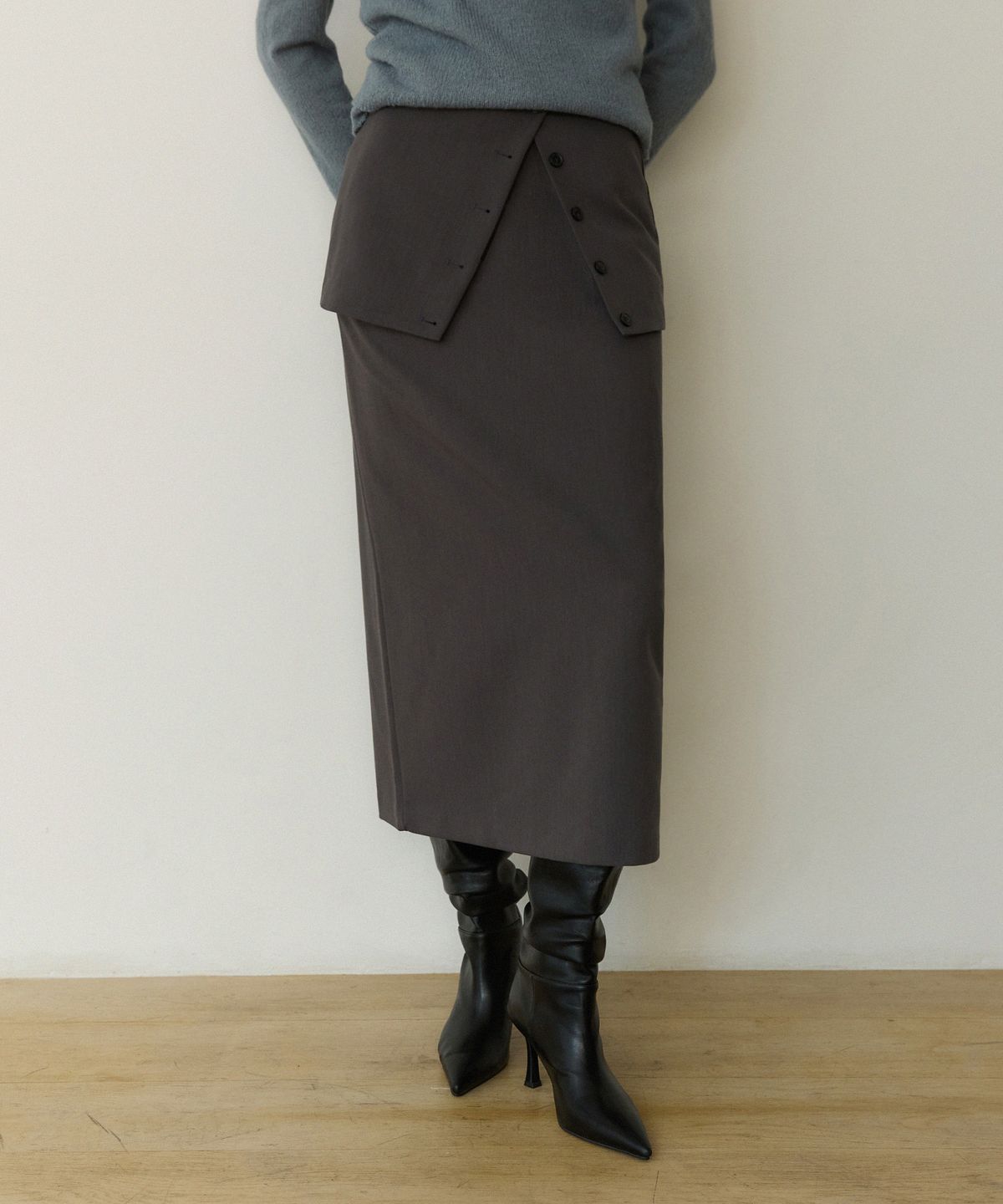 어다울(ADAUL) Layered button wrap long skirt - charcoal