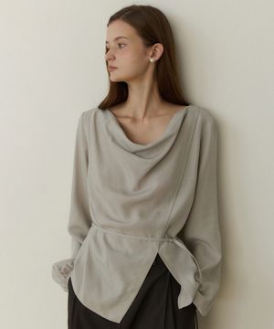 Drape neck belted blouse - light grey