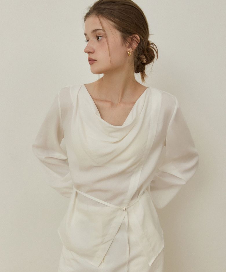 Drape neck belted blouse - white