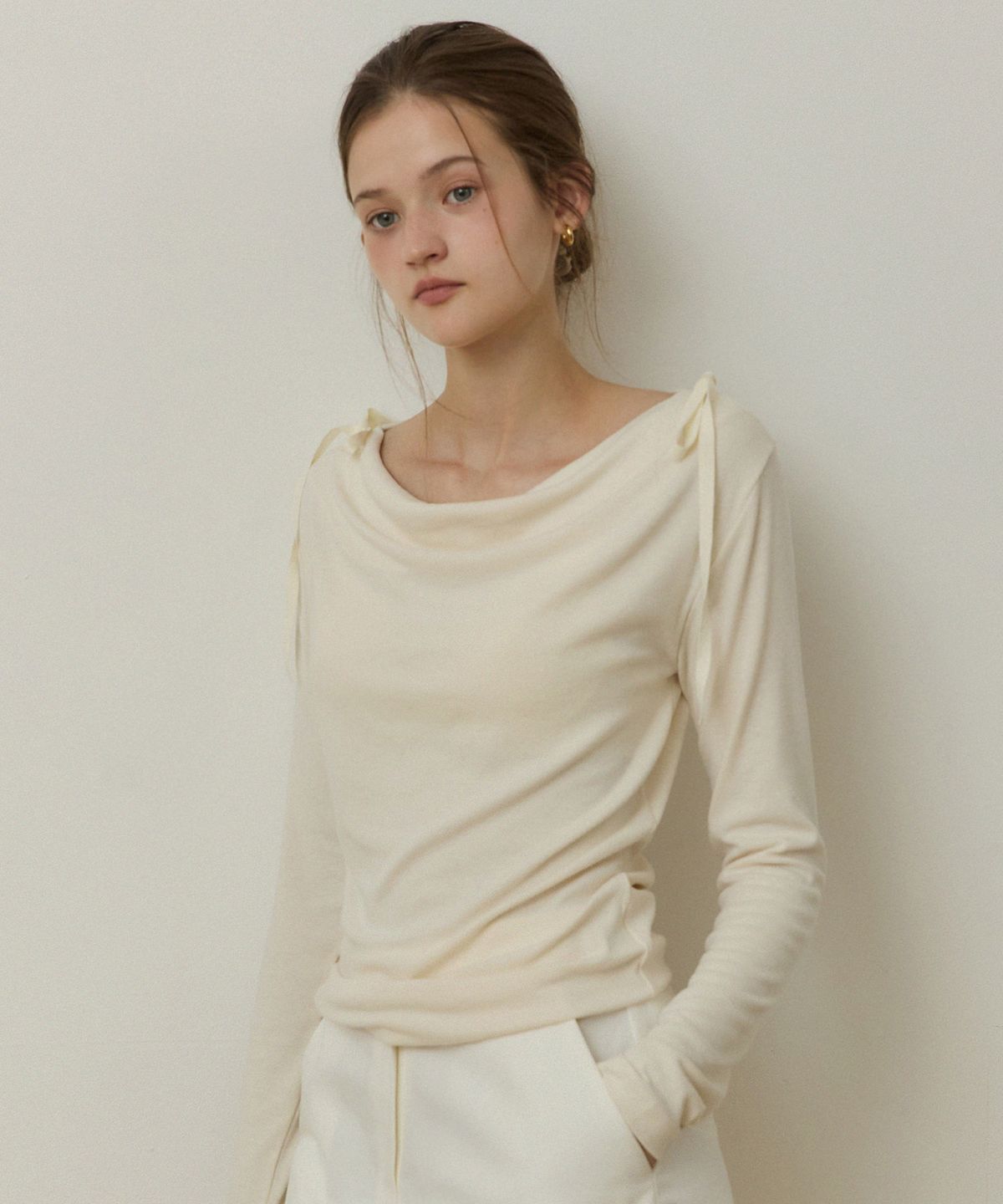 어다울(ADAUL) Drape double ribbon t shirts - 3color
