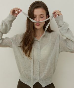 Fluffy yarn ribbon neck loose fit cardigan - melange grey