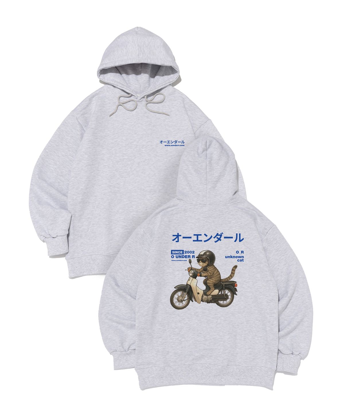오언더알(OUNDERR) [기모선택] RIDING BIKE CAT 오버핏 후드 티셔츠 (라이트 그레이)
