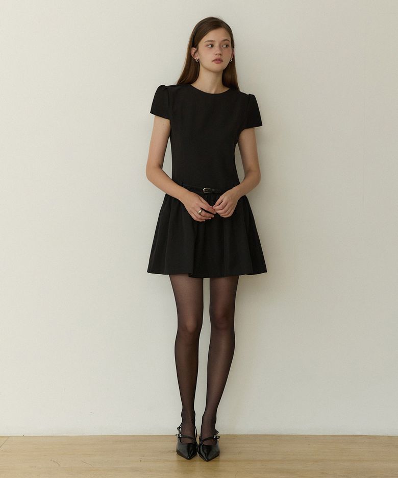 Allure cap flare belted mini dress - black
