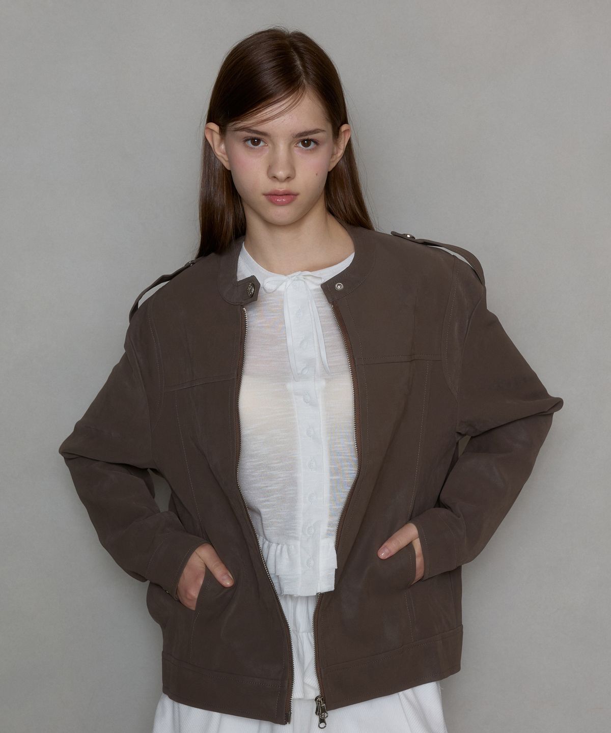 핑크파인애플(PINK PINEAPPLE) SIREN SYNTHETIC LEATHER RIDER JUMPER_BROWN