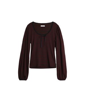 STRIPE RIBBON SHIRRING T-SHIRT_RED