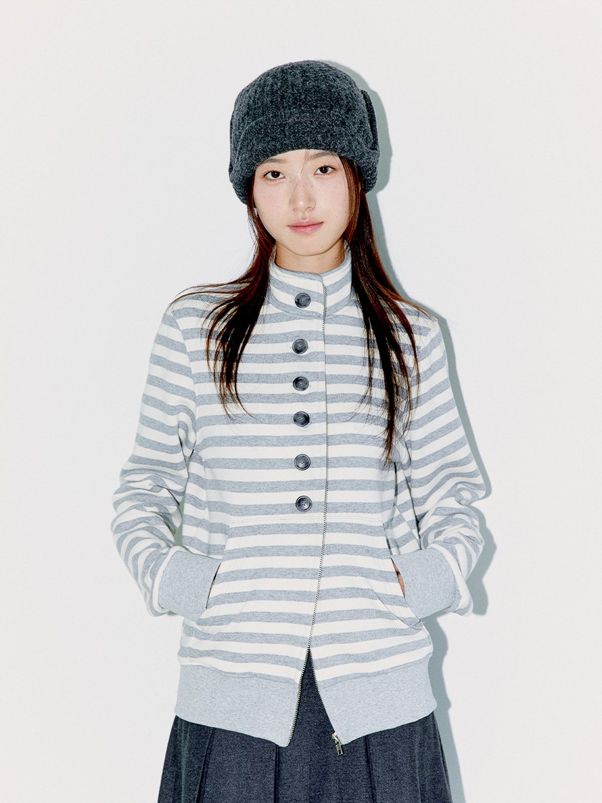 오피쉬(OAFISH) BUTTON STRIPE TWO-WAY ZIP UP MELANGE