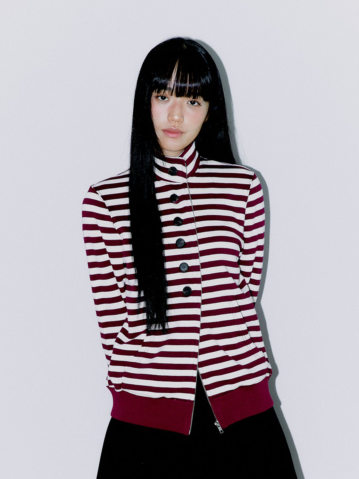 오피쉬(OAFISH) BUTTON STRIPE TWO-WAY ZIP UP BURGUNDY
