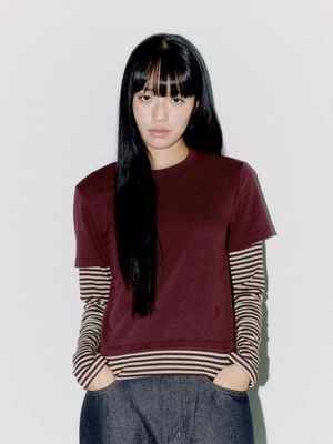 STRIPE LAYERED LONG SLEEVE, BURGUNDY