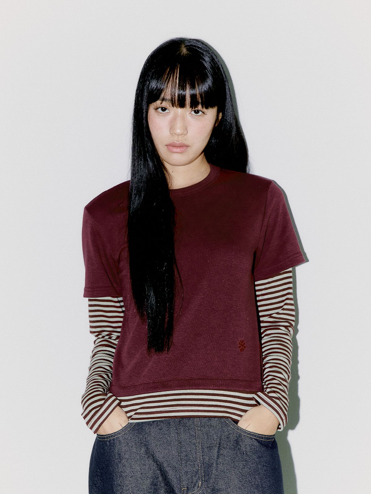 오피쉬(OAFISH) STRIPE LAYERED LONG SLEEVE, BURGUNDY