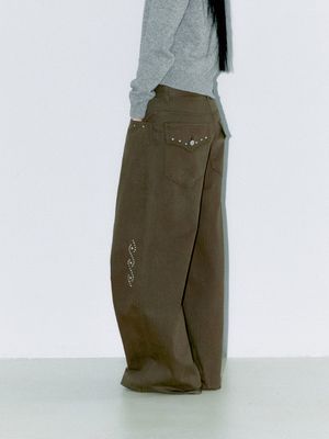 STUDDED ORNAMENT PANTS, KHAKI BROWN