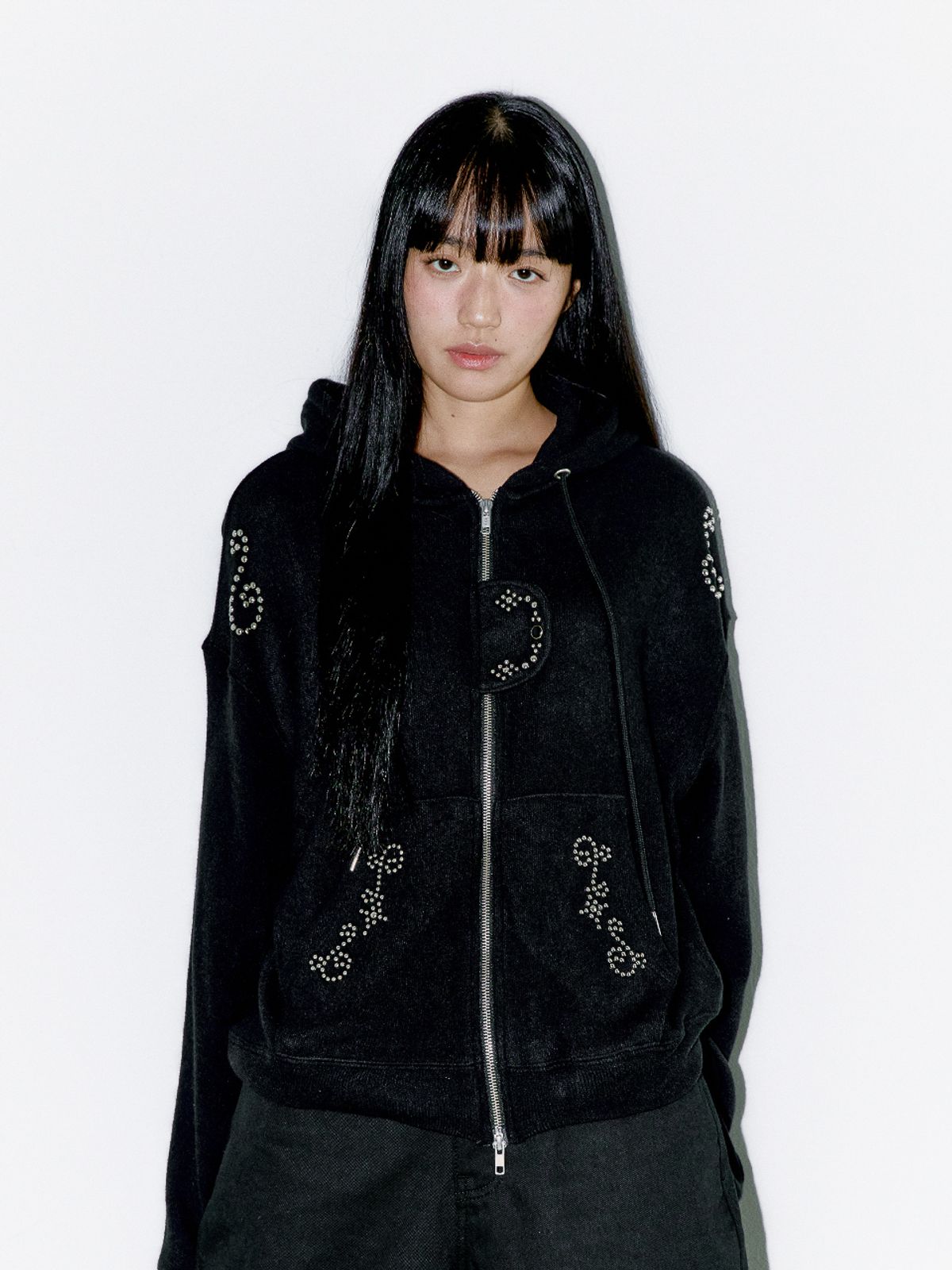오피쉬(OAFISH) STUDDED TWO-WAY HOODIE ZIP UP, BLACK