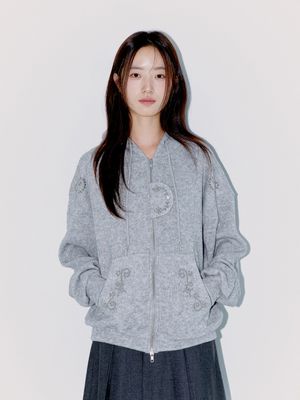 STUDDED TWO-WAY HOODIE ZIP UP, MELANGE