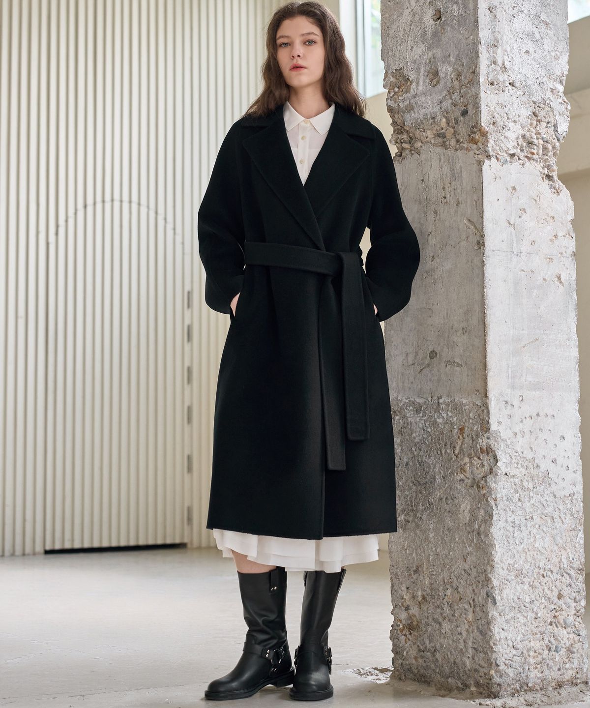 미테(MITTE) BELTED HANDMADE OPEN COAT_BLACK