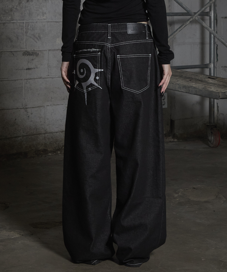 SUN PATTERN STITCHED WIDE DENIM PANTS BLACK