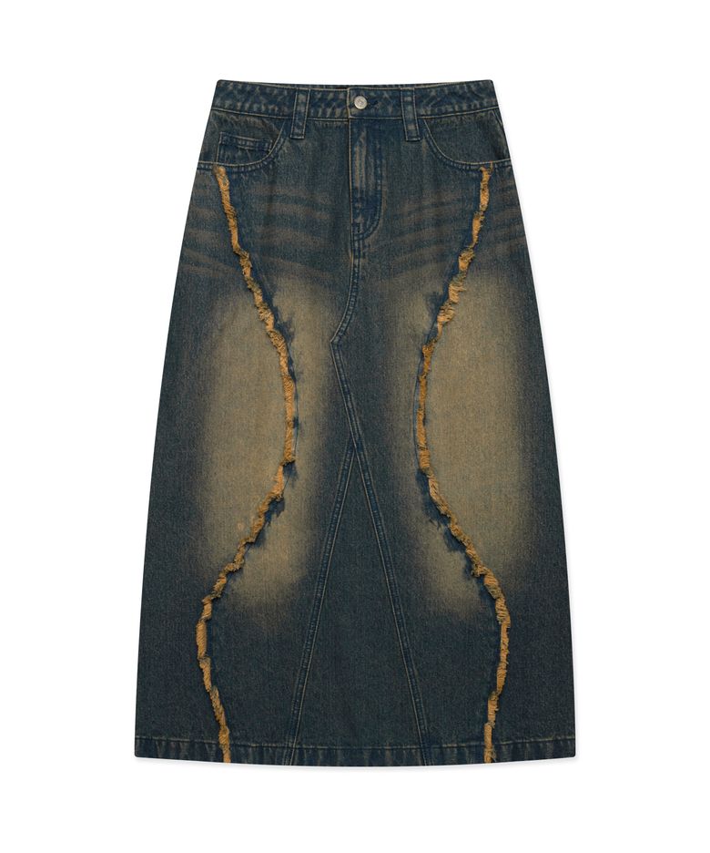 WM CURVED RAW EDGE DENIM MAXI SKIRT blue