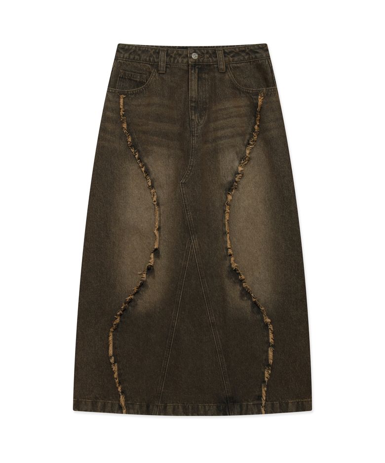 WM CURVED RAW EDGE DENIM MAXI SKIRT brown