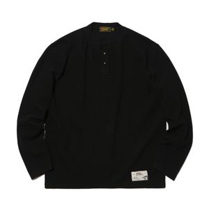 Waffle Henley Neck Long Sleeve Black