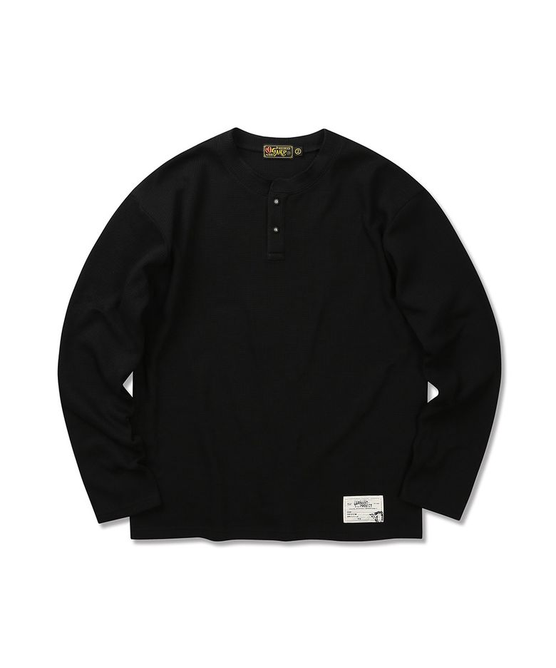 Waffle Henley Neck Long Sleeve Black