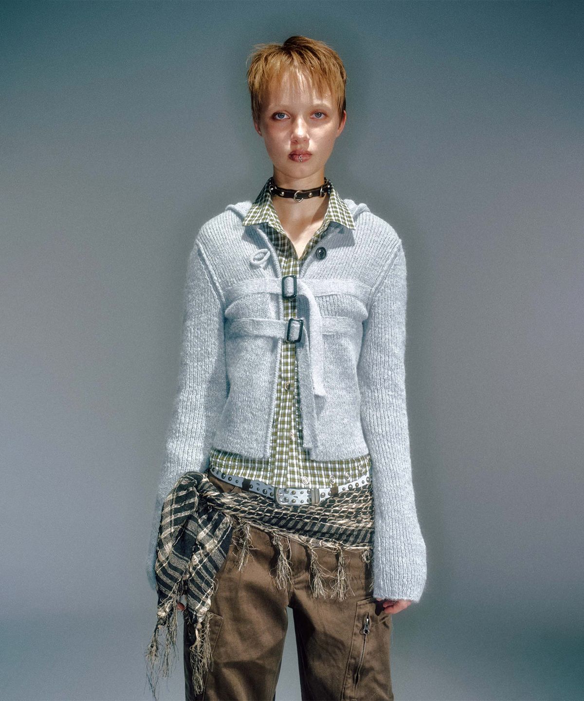 베이컨트 아카이브(VACANT ARCHIVE) KANNA BUCKLE HOODIE CARDIGAN MELANGE