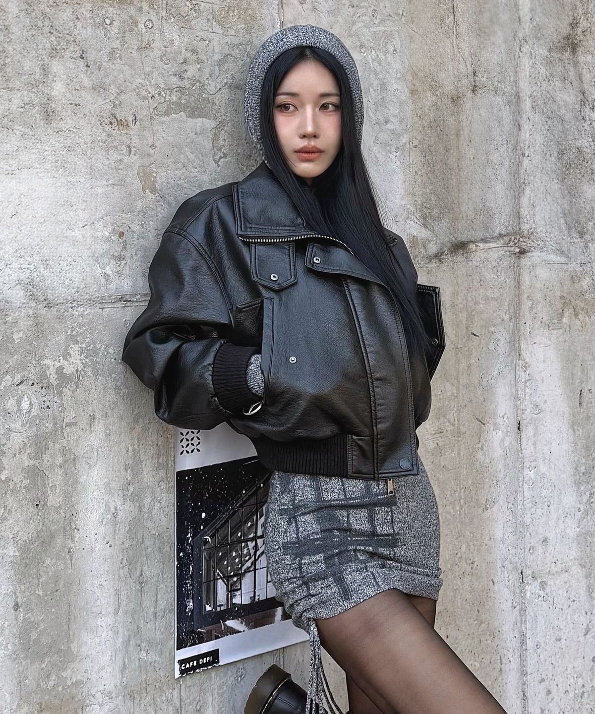 레이디 볼륨(LADY VOLUME) 9212 워싱 레더 블루종 점퍼 (BLACK)