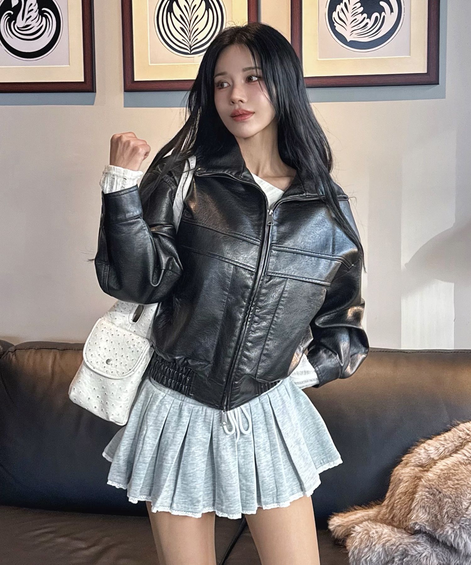 MUSINSA | LADY VOLUME 9197-1 Washing Leather Jacket (BLACK)