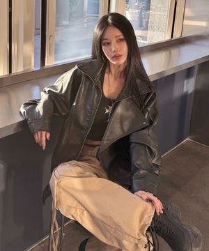 9202 워싱 레더 오버핏 자켓 (BLACK)