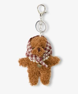 Checked Hair Kerchief Bear keyring - Brown
