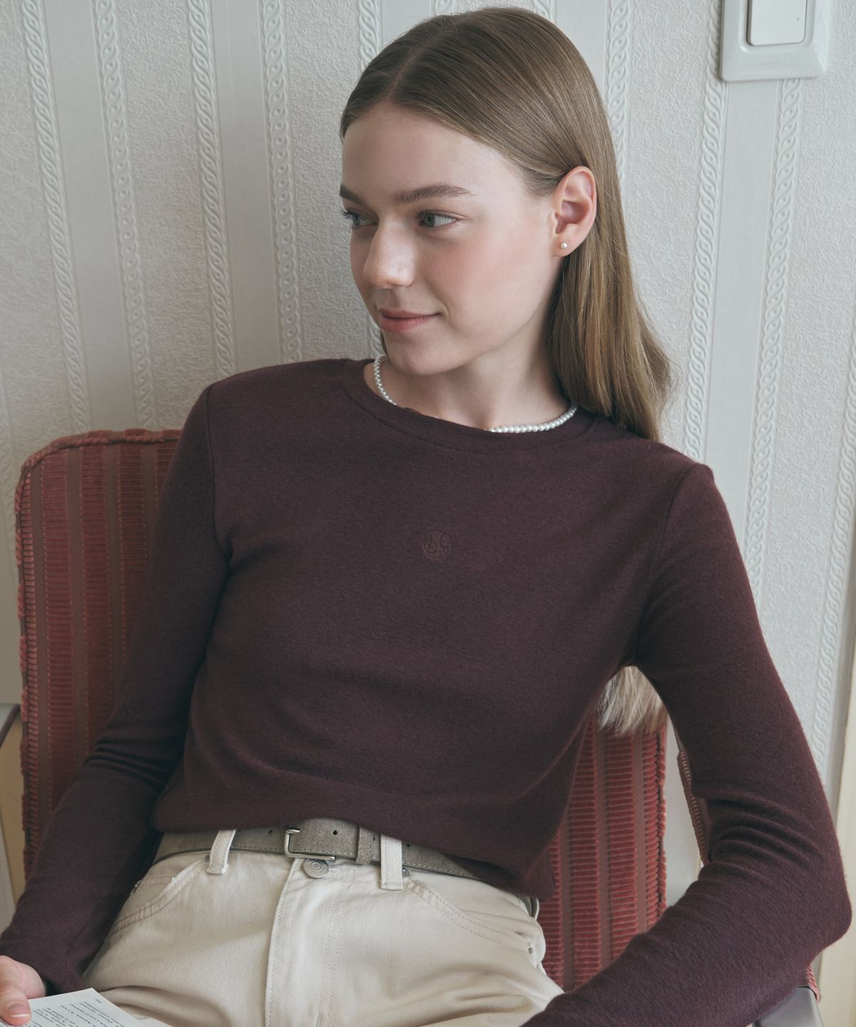 논로컬(NONLOCAL) Wool Tencel Crewneck T-shirt - Wine