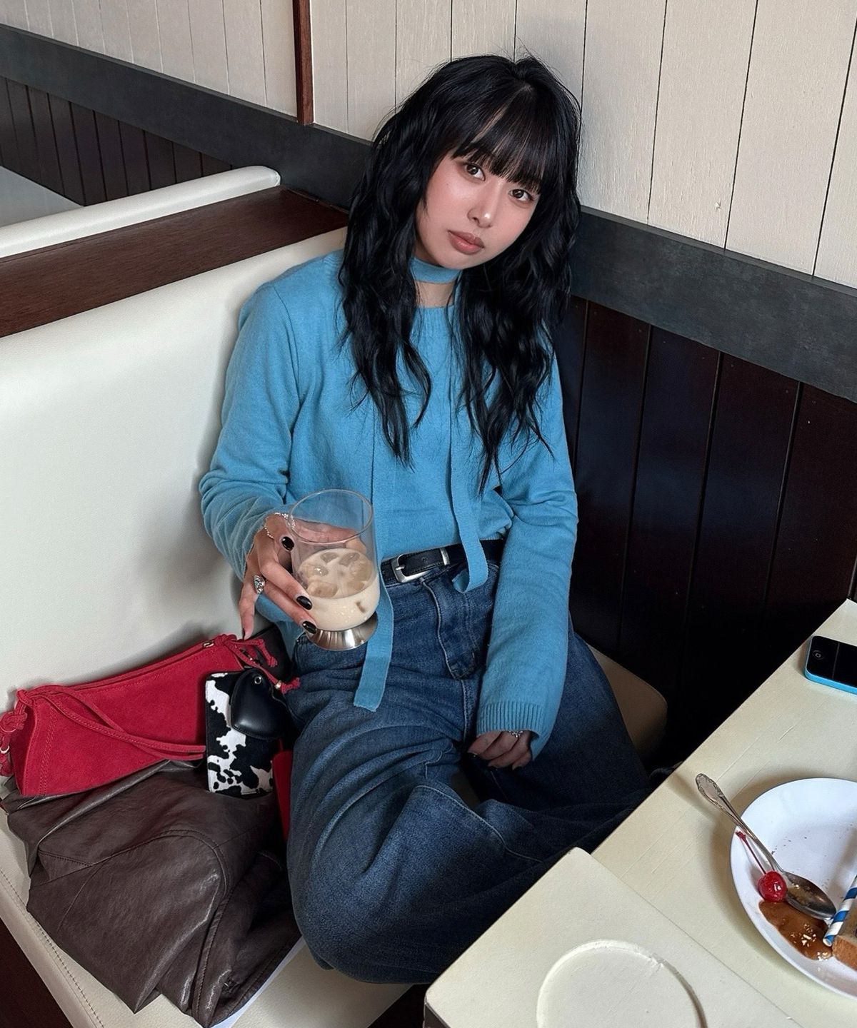 마조네(MA JOURNEE) TIE SET U-NECK CASHMERE KNIT_BLUE