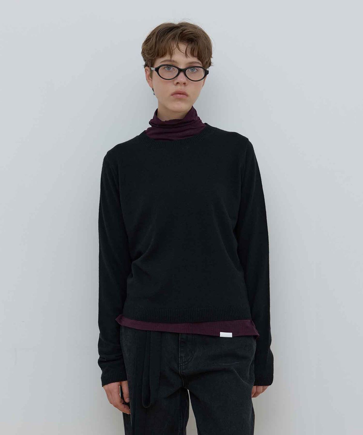 마조네(MA JOURNEE) TIE SET U-NECK CASHMERE KNIT_BLACK