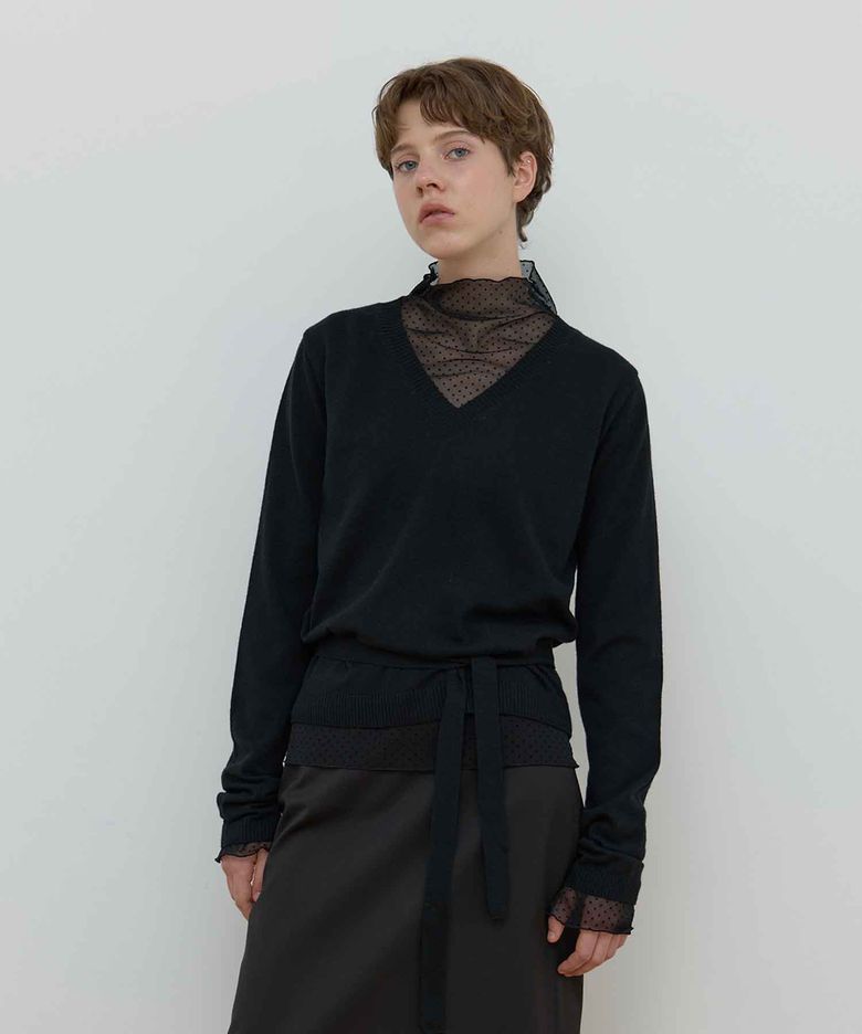 TIE SET V-NECK CASHMERE KNIT_BLACK